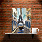 Parisian Brew - Canvas - Main image where the product is placed on a shelf against a brick wall, next to a mug - Cafetitude Wall Art